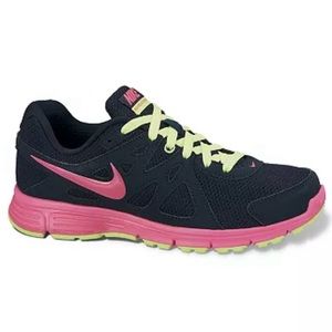 Nike Revolution 2 Running Shoes- Women- US Size 7- Navy Blue/Hot Pink/Lime Green